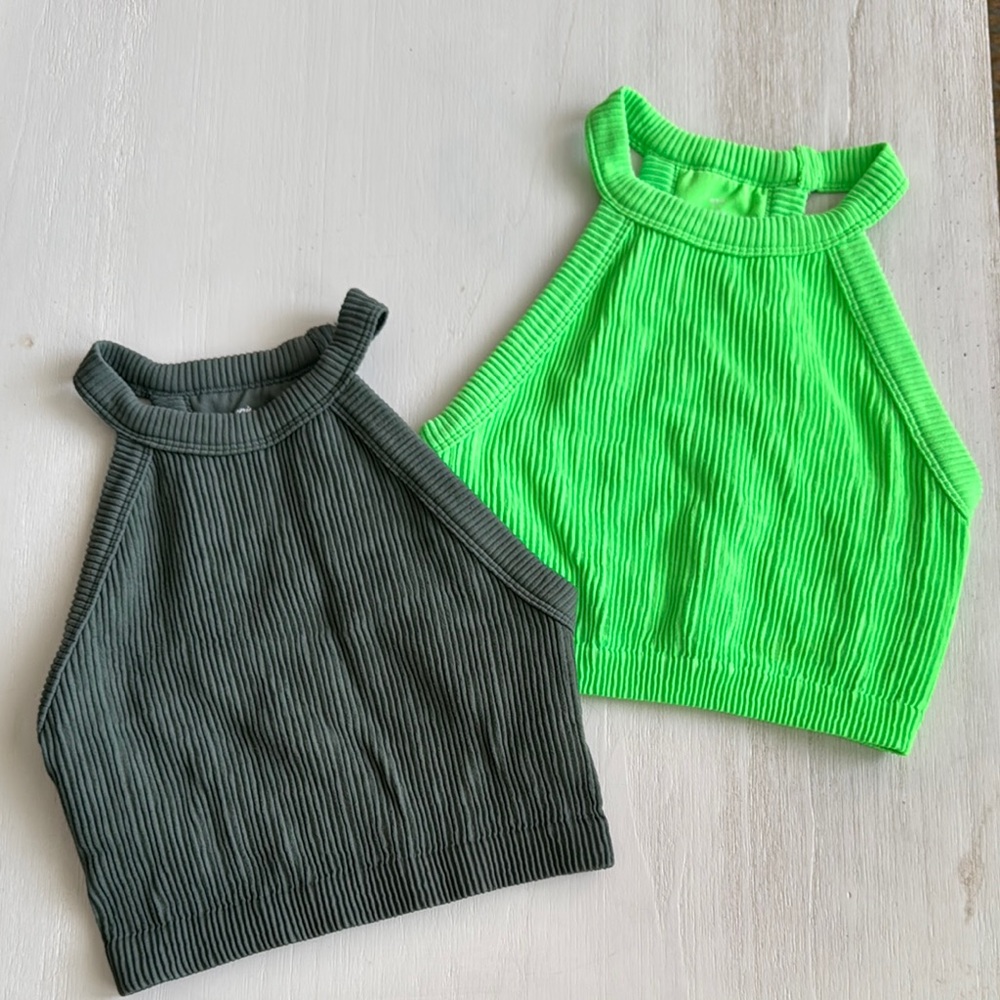 Aerie Ribbed Halter Top- Neon Green and Green/Grey